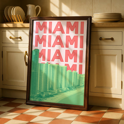 Miami Travel Poster, Florida Retro Wall Art, City Print, Pink Green Bold Typography Decor