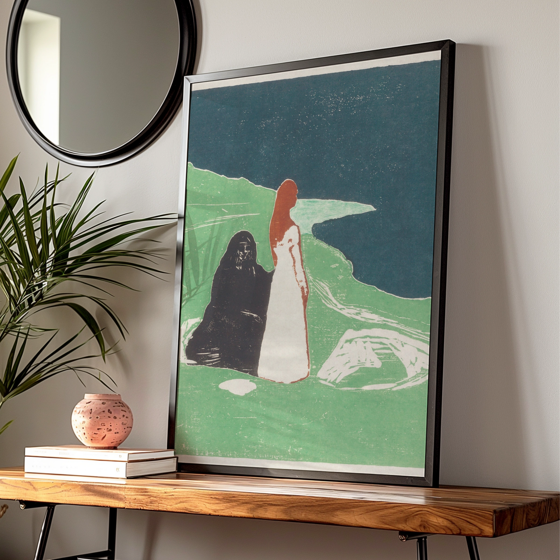 Halloween Gothic Art Print, Edvard Munch Style Poster, Dark Figure Wall Art, Spooky Women Shore