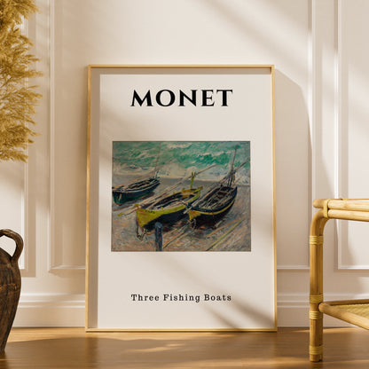 Monet Three Fishing Boats Wall Art Print | Impressionist Vintage Poster, Beach Art – product image 1