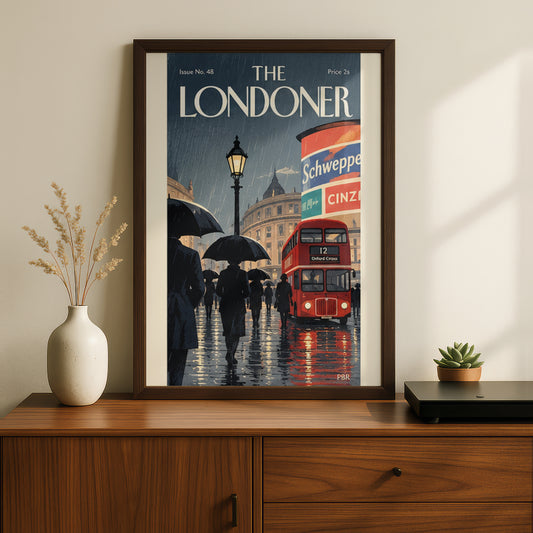 Rainy London Bus Poster, Vintage Magazine Cover Wall Art, Red Double Decker Print, Living Room Decor