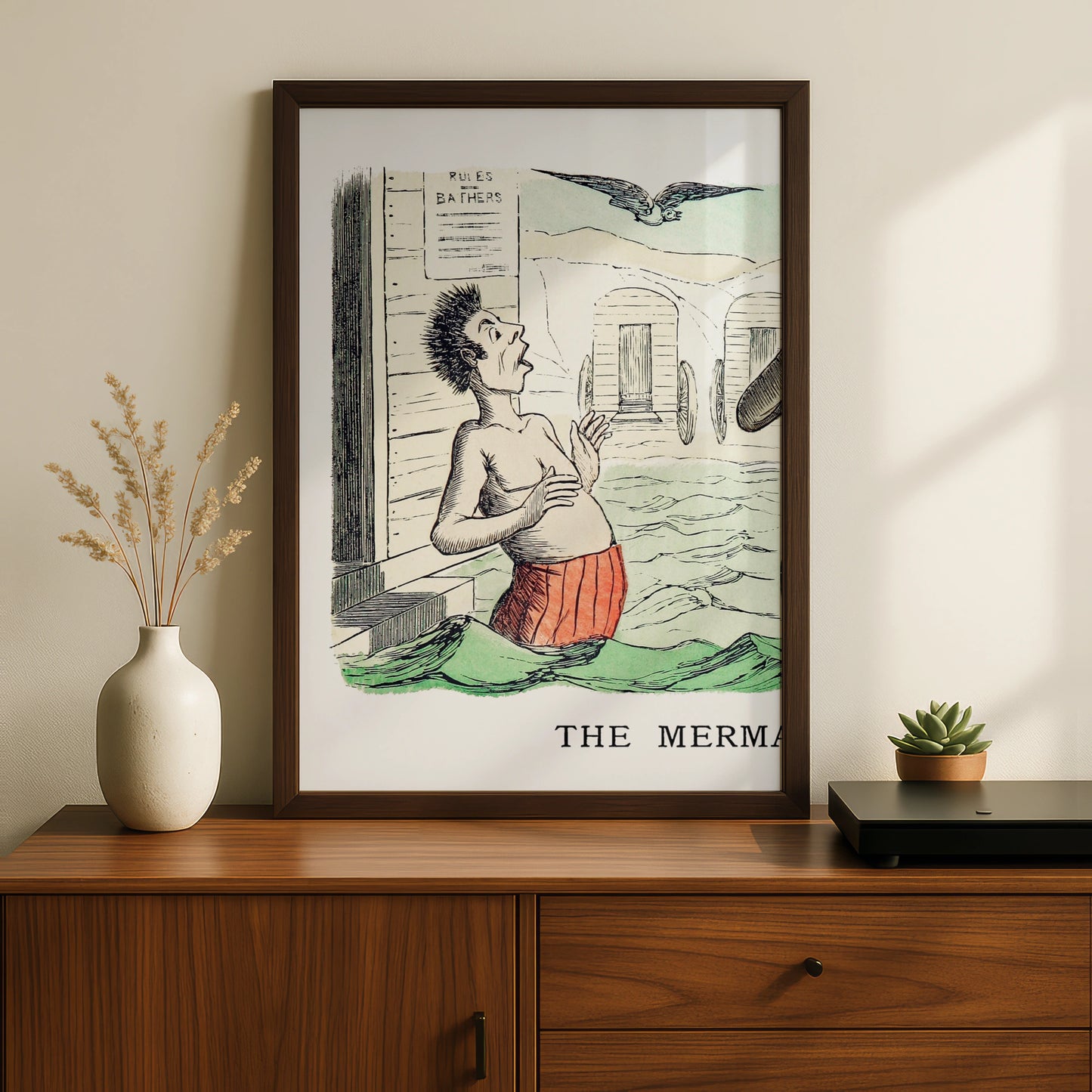 Vintage Bathing Comic Poster, Victorian Beach Humour Wall Art, Antique Seaside Print