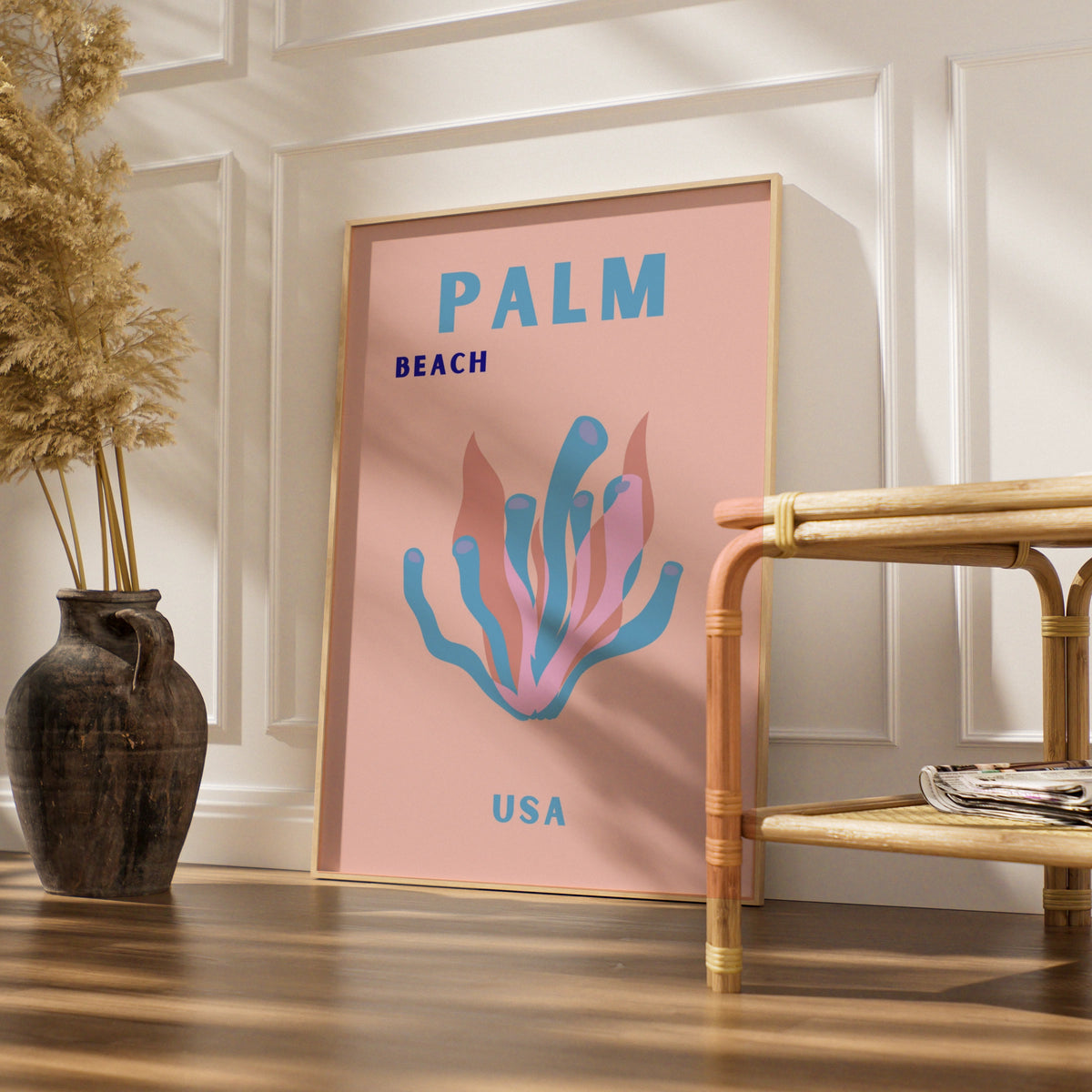 Palm Beach USA Travel Poster, Florida Wall Art, Retro Coral Print, Pastel Beach Decor