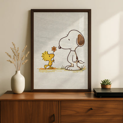 Flower Cartoon Poster, Retro Peanuts Wall Art, Quirky Print