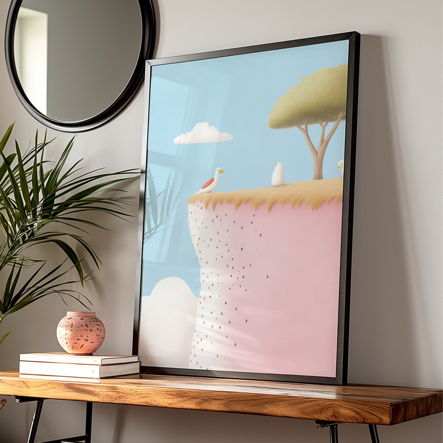 Nursery Wall Art Birds on Cliff Print, Pastel Blue Pink Children Poster, Kids Room Decor