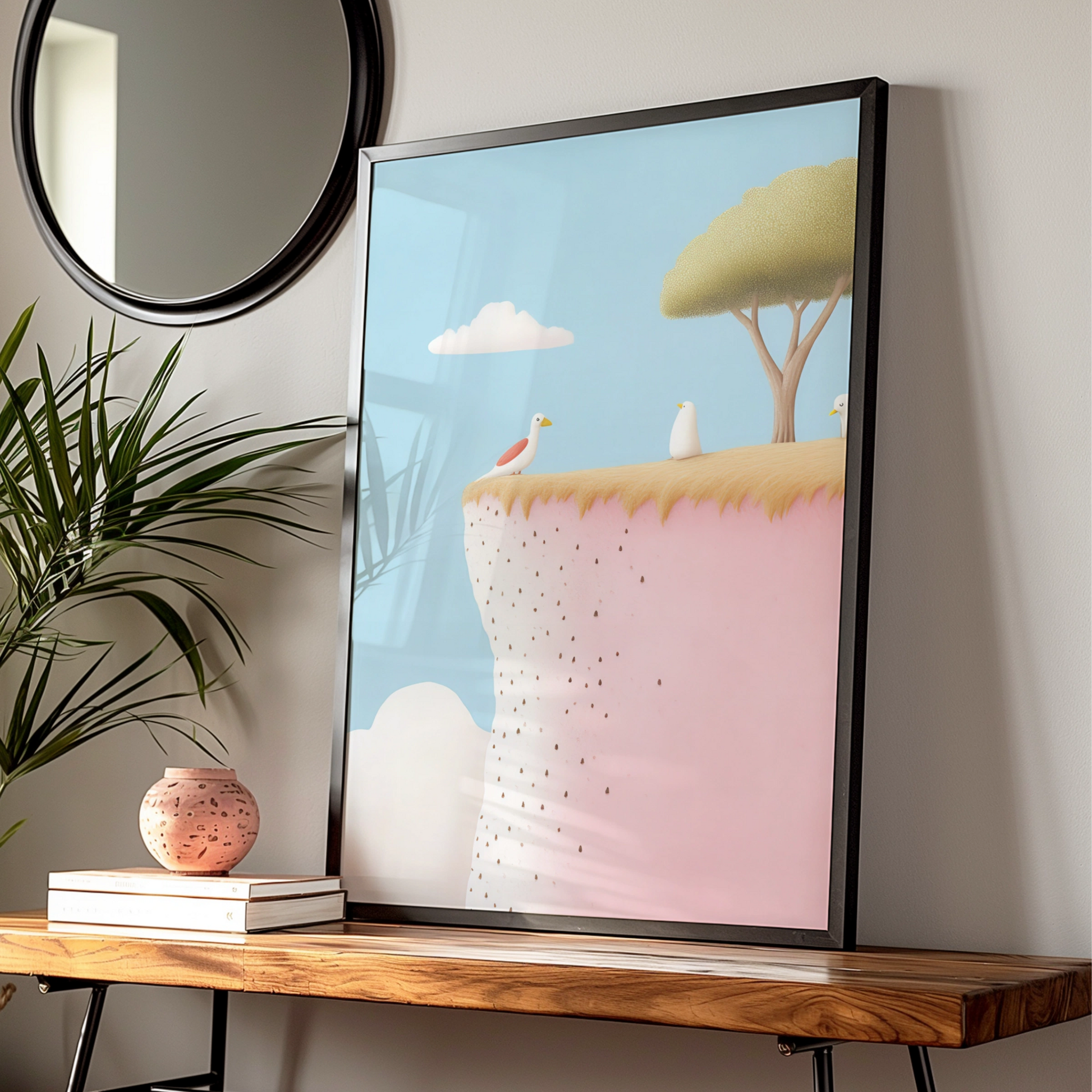 Nursery Wall Art Birds on Cliff Print, Pastel Blue Pink Children Poster, Kids Room Decor