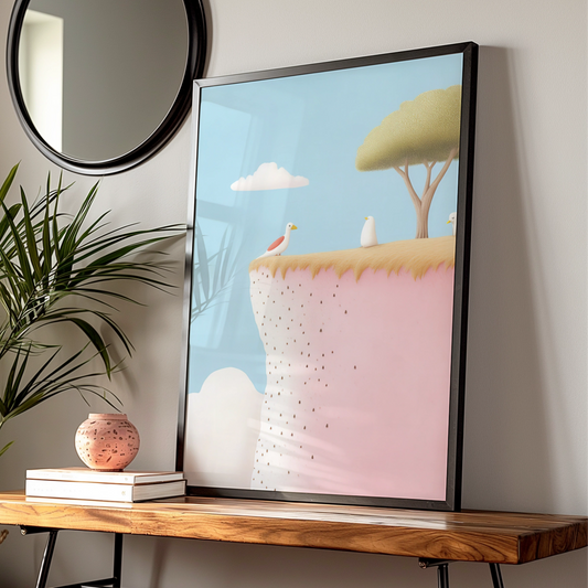 Nursery Wall Art Birds on Cliff Print, Pastel Blue Pink Children Poster, Kids Room Decor
