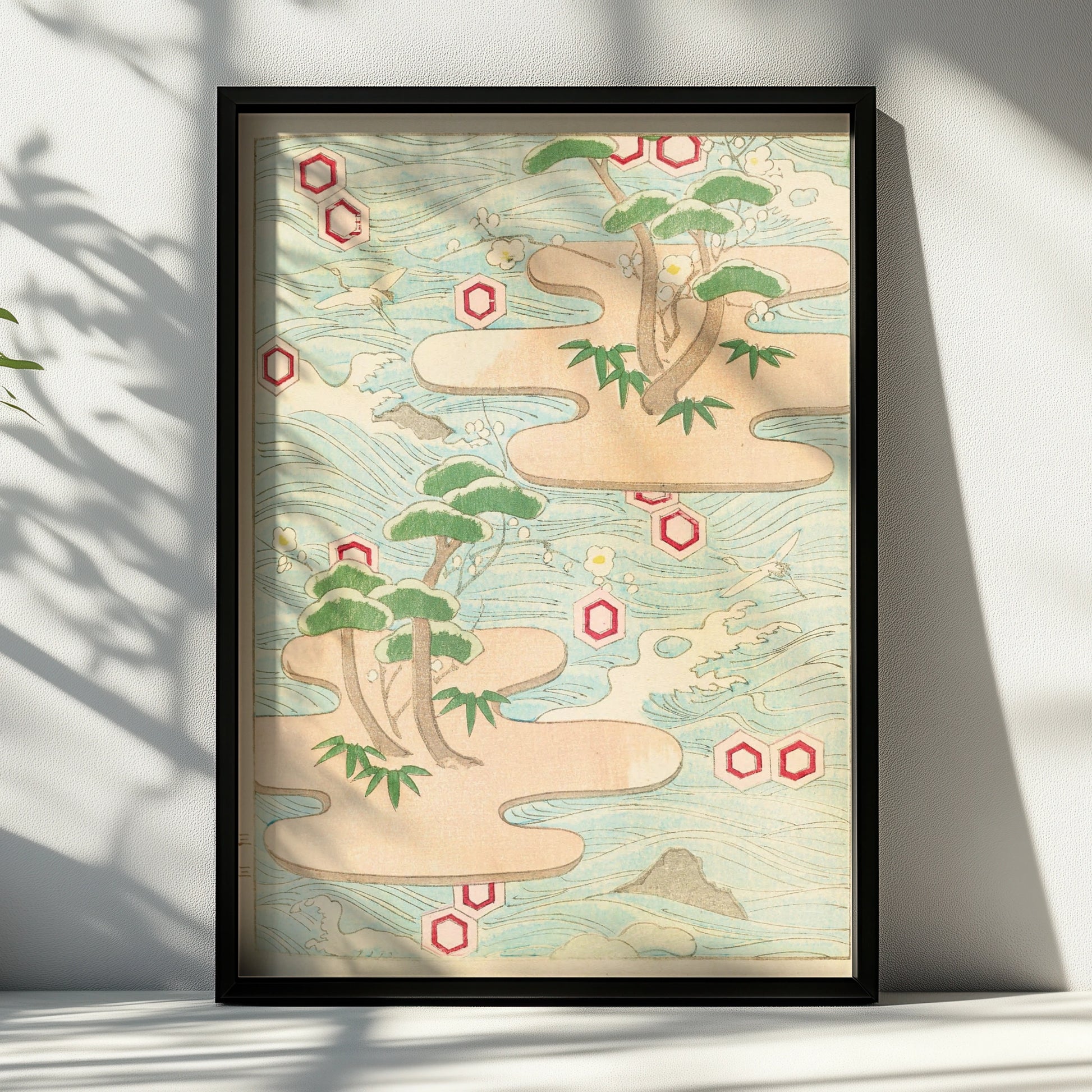Japanese Woodblock Wall Art, Bijutsukai 1901 Vintage Poster, Crane Pine Japandi Print – A4 Black frame
