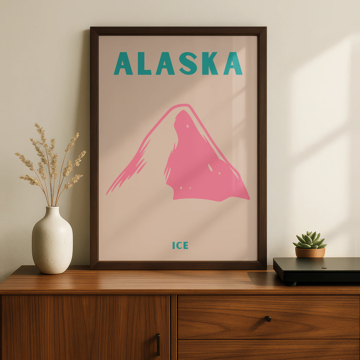 Alaska Travel Poster, Retro Mountain Ice Print, USA Wall Art, Pink Teal Minimalist Decor