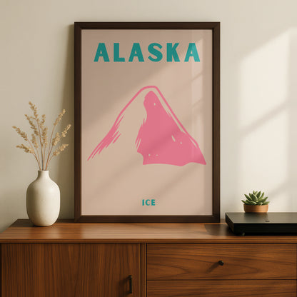 Alaska Travel Poster, Retro Mountain Ice Print, USA Wall Art, Pink Teal Minimalist Decor