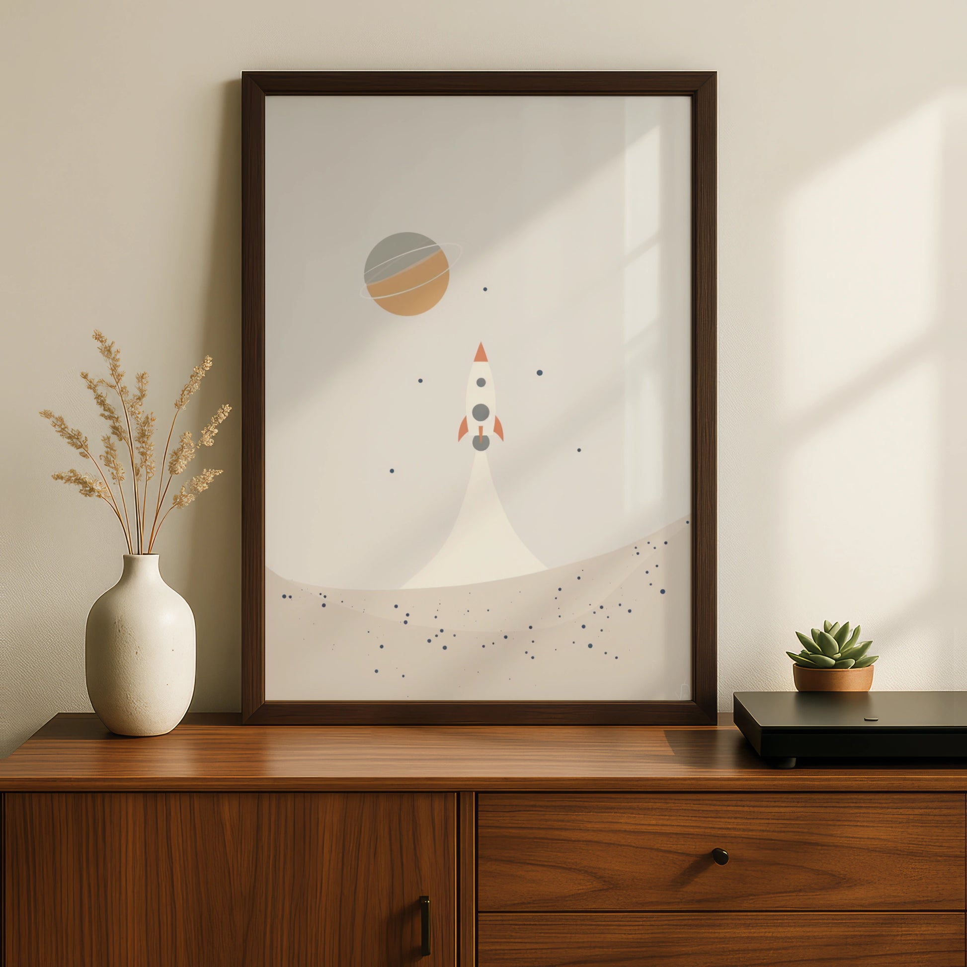 Rocket Space Nursery Wall Art, Boys Room Poster, Saturn Planet Print, Boho Beige Kids Decor