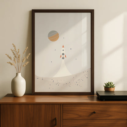 Rocket Space Nursery Wall Art, Boys Room Poster, Saturn Planet Print, Boho Beige Kids Decor
