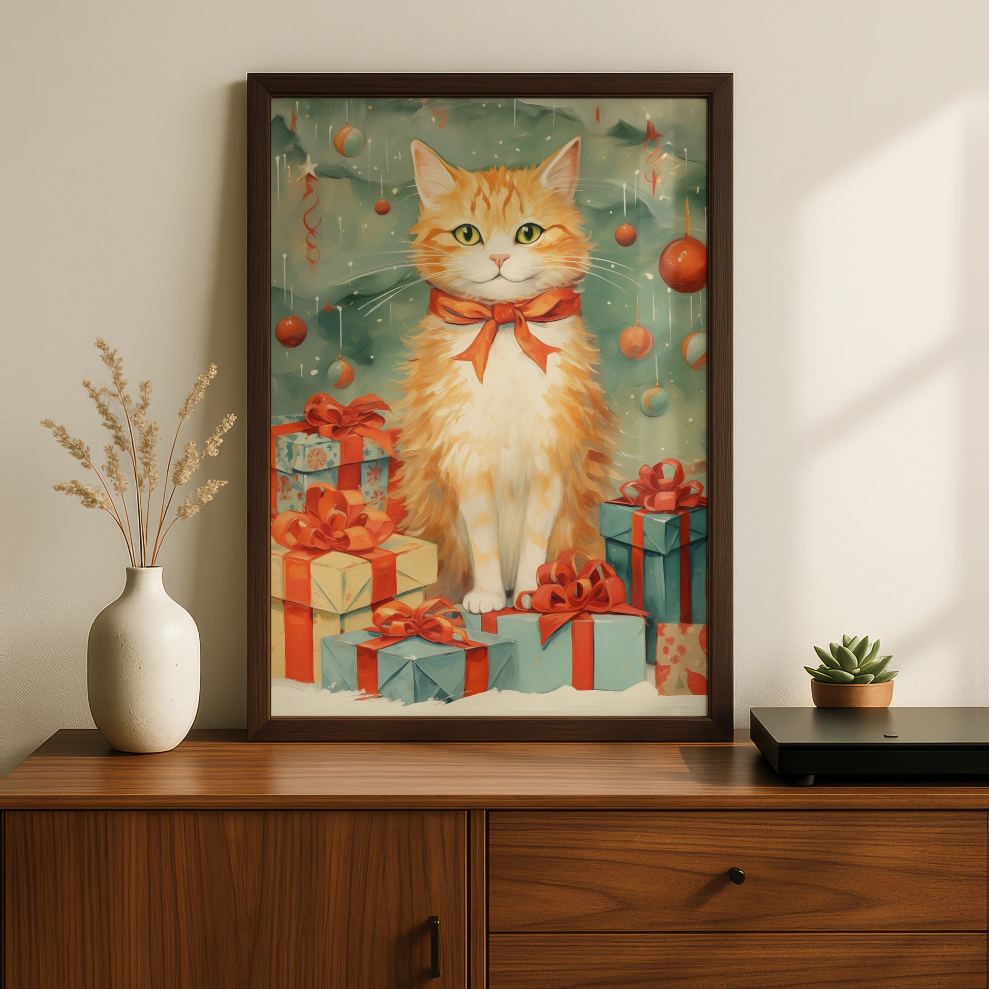 Christmas Cat Poster, Ginger Cat Art Print, Festive Xmas Wall Art, Holiday Gift Decor