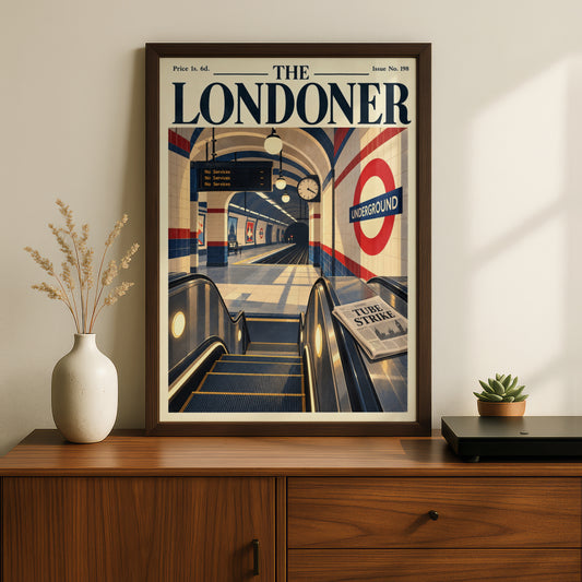 London Tube Station Poster, Retro Magazine Cover Wall Art, Escalator Illustration, Transport Print
