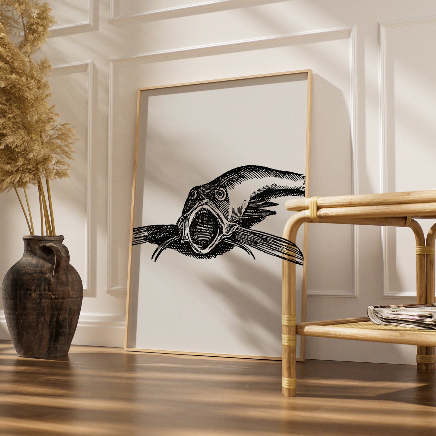 Vintage Catfish Engraving Art Print, Black White Gothic Fish Poster, Dark Halloween Wall Art