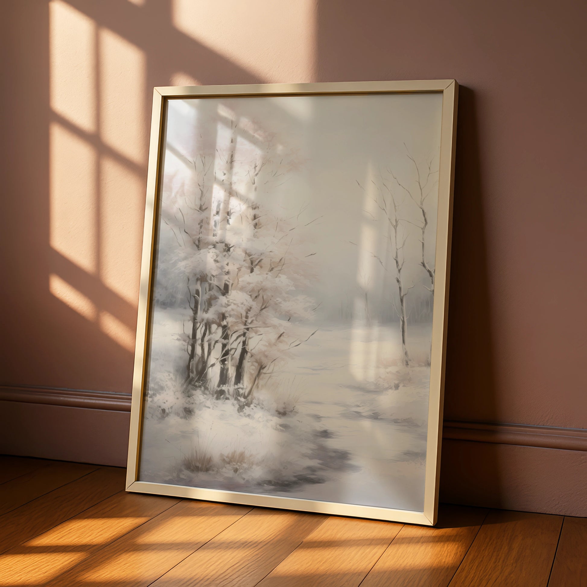 Christmas Winter Landscape Poster, Snowy Trees Wall Art, Neutral Festive Print, Minimalist Xmas