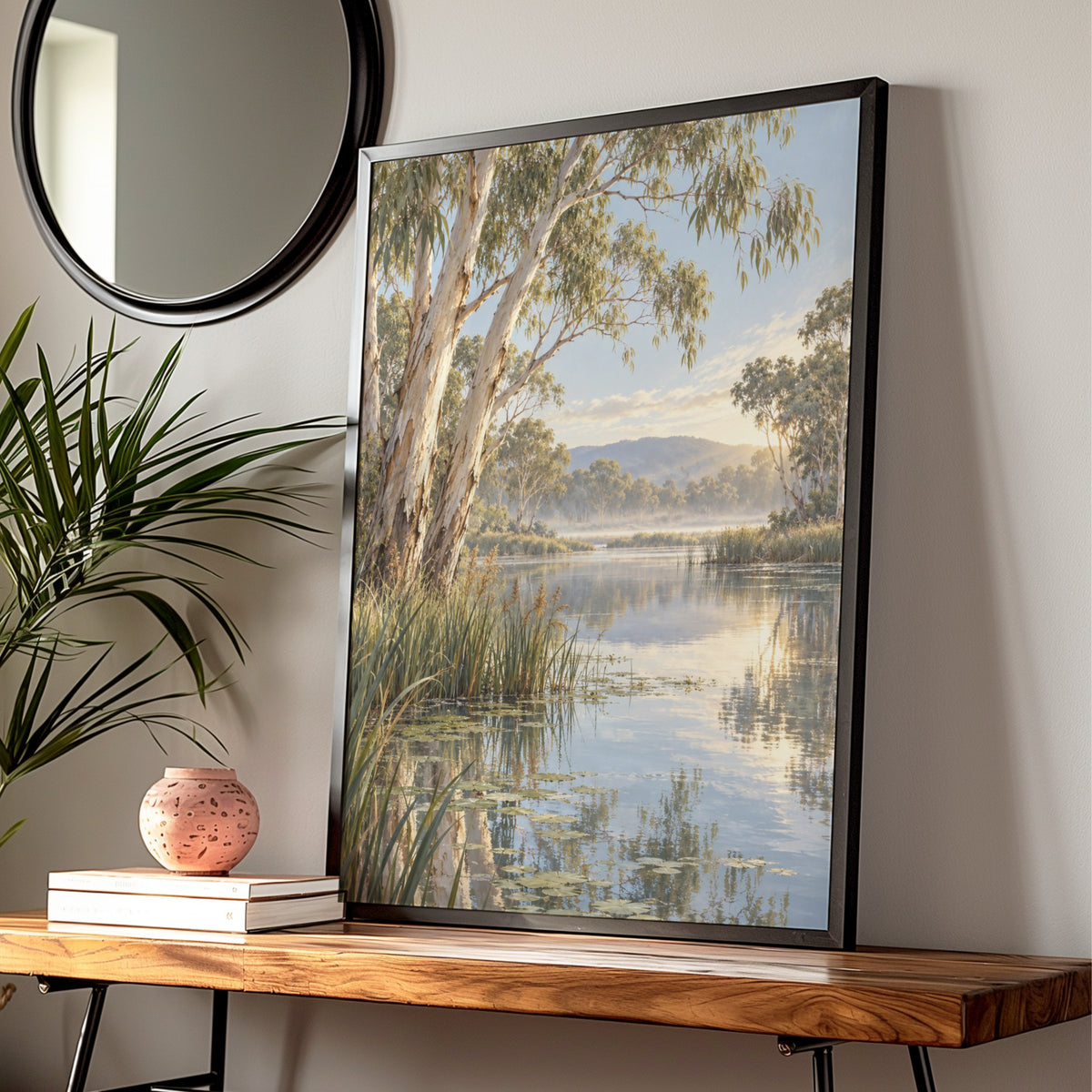 Australian River Landscape Print, Eucalyptus Gum Tree Wall Art, Misty Waterway Poster — Digital Download