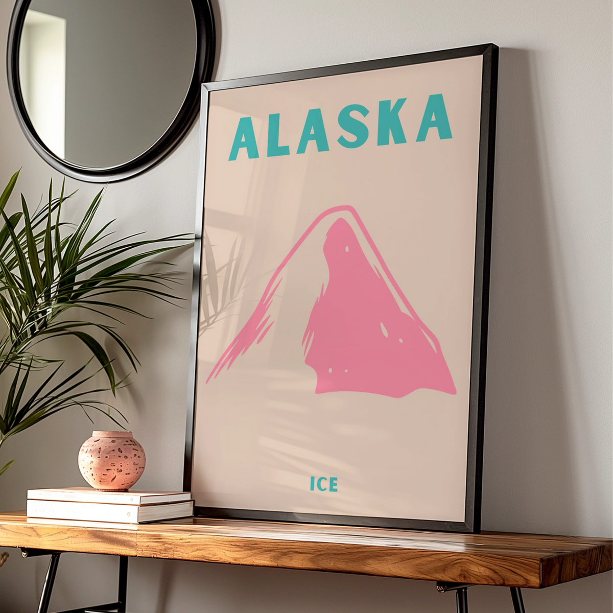 Alaska Travel Poster, Retro Mountain Ice Print, USA Wall Art, Pink Teal Minimalist Decor