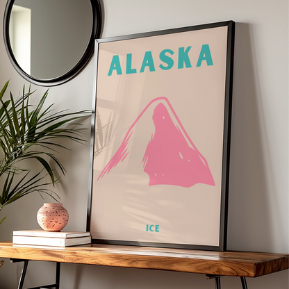 Alaska Travel Poster, Retro Mountain Ice Print, USA Wall Art, Pink Teal Minimalist Decor