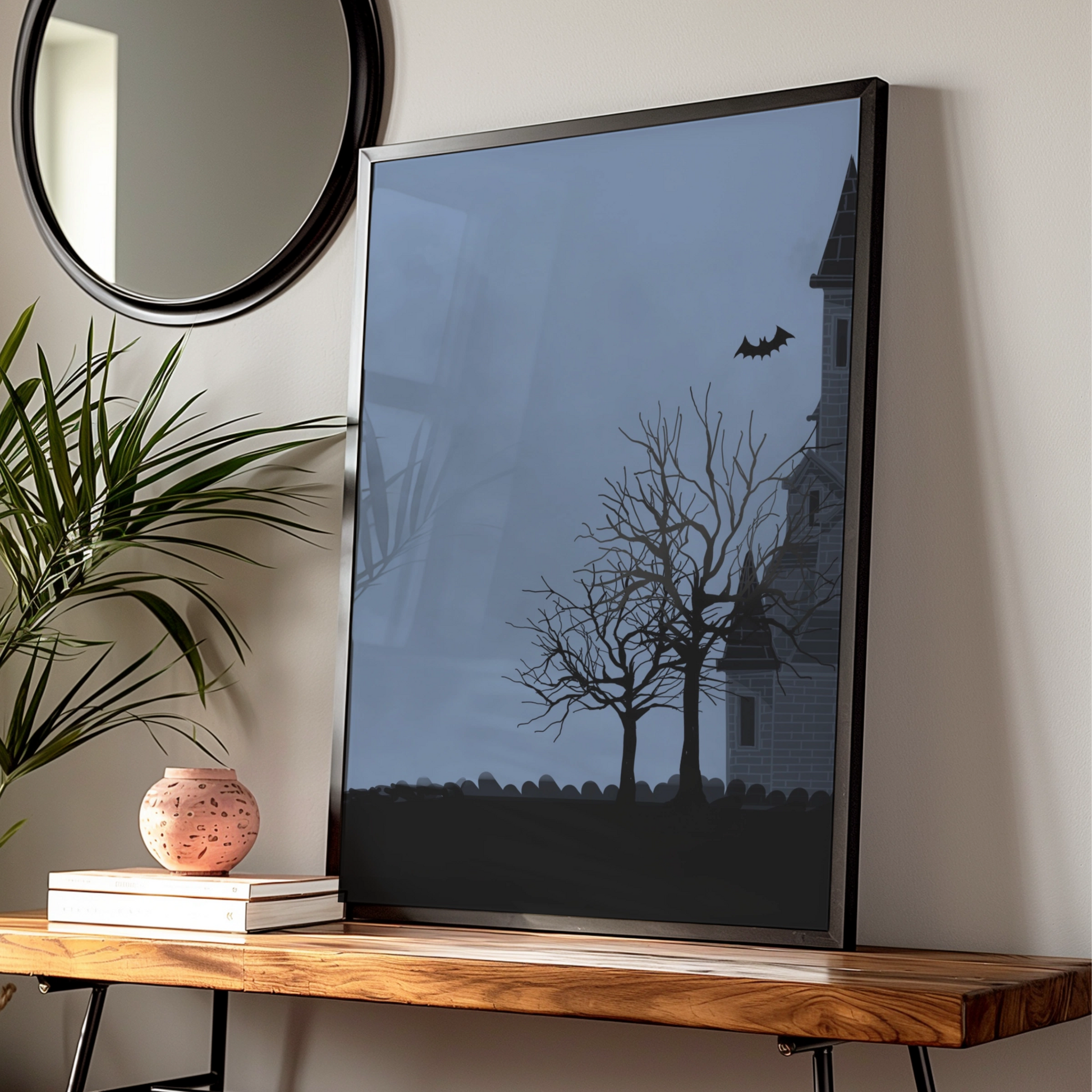 Halloween Haunted House Poster, Spooky Full Moon Bat Wall Art, Dark Gothic Print