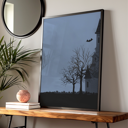 Halloween Haunted House Poster, Spooky Full Moon Bat Wall Art, Dark Gothic Print