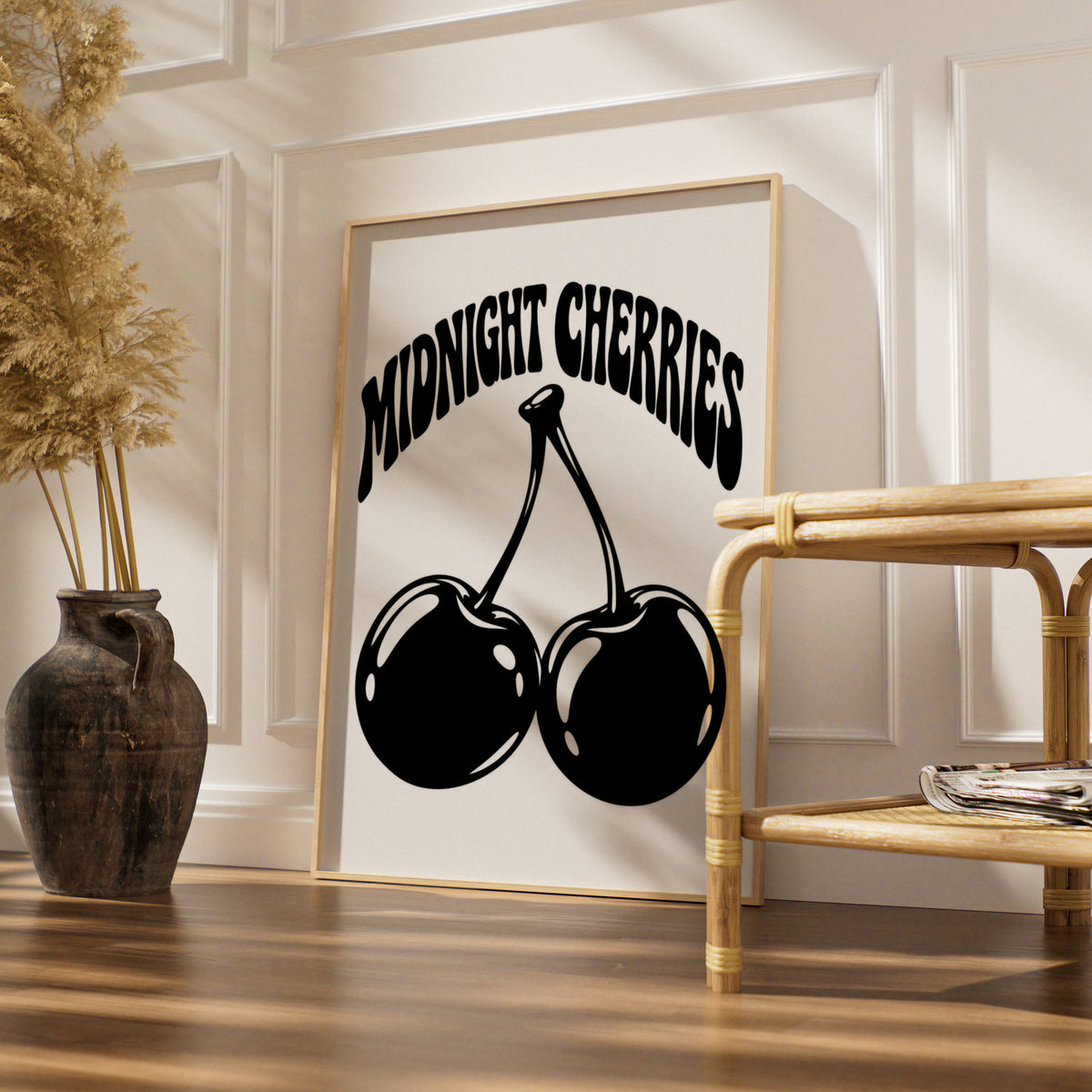 Midnight Cherries Typography Print, Black and White Poster, Monochrome Wall Art, Retro Fruit