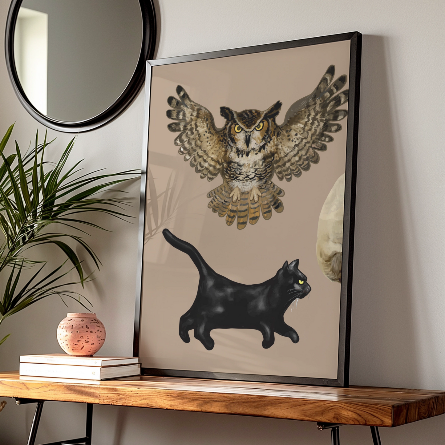 Halloween Owl Black Cat Poster, Spooky Moon Wall Art, Witch Familiar Print, Gothic Home Decor