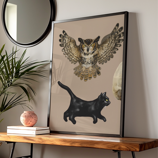 Halloween Owl Black Cat Poster, Spooky Moon Wall Art, Witch Familiar Print, Gothic Home Decor