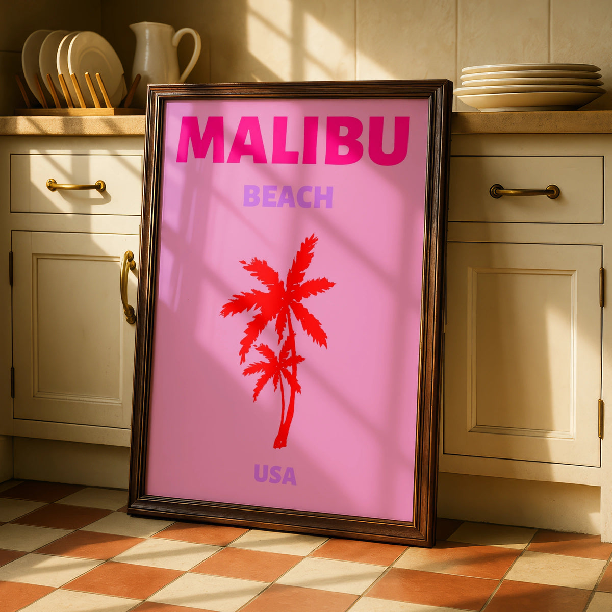Malibu Beach Travel Poster, California Wall Art, Retro USA Palm Tree Print