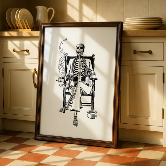 Skeleton Smoking Poster, Halloween Wall Art, Gothic Skull Print, Black White Vintage Macabre Decor