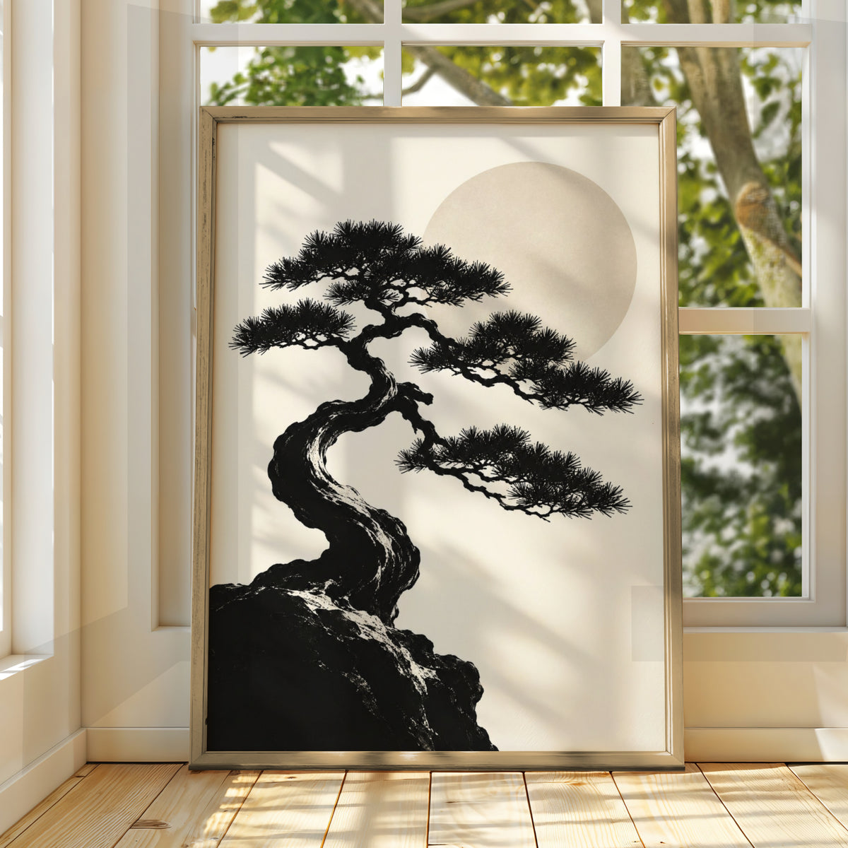 Bonsai Tree Moon Print, Monochrome Wall Art, Japanese Pine Minimalist Poster, Neutral Gallery Wall