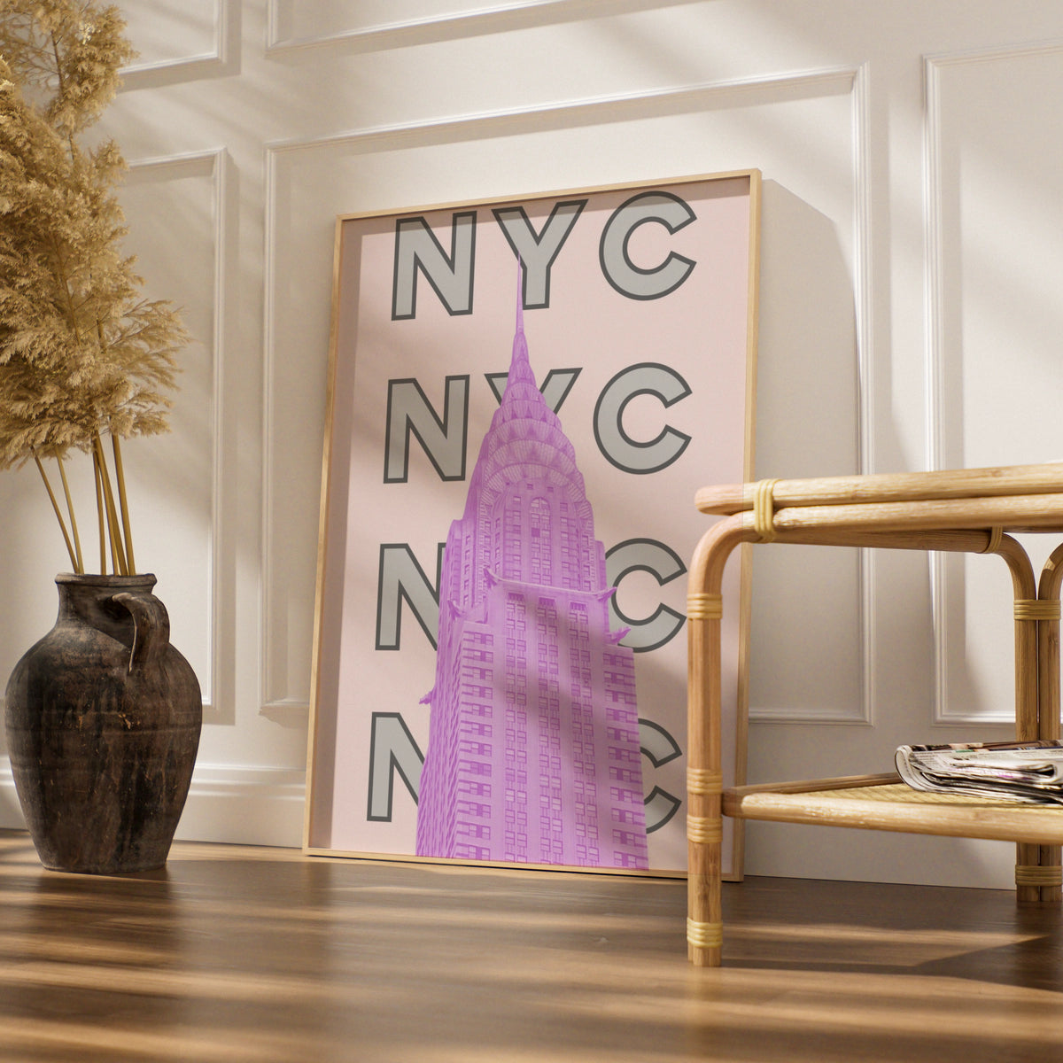 New York City Travel Poster, NYC Wall Art, Pink Retro City Print, Manhattan Skyscraper Decor