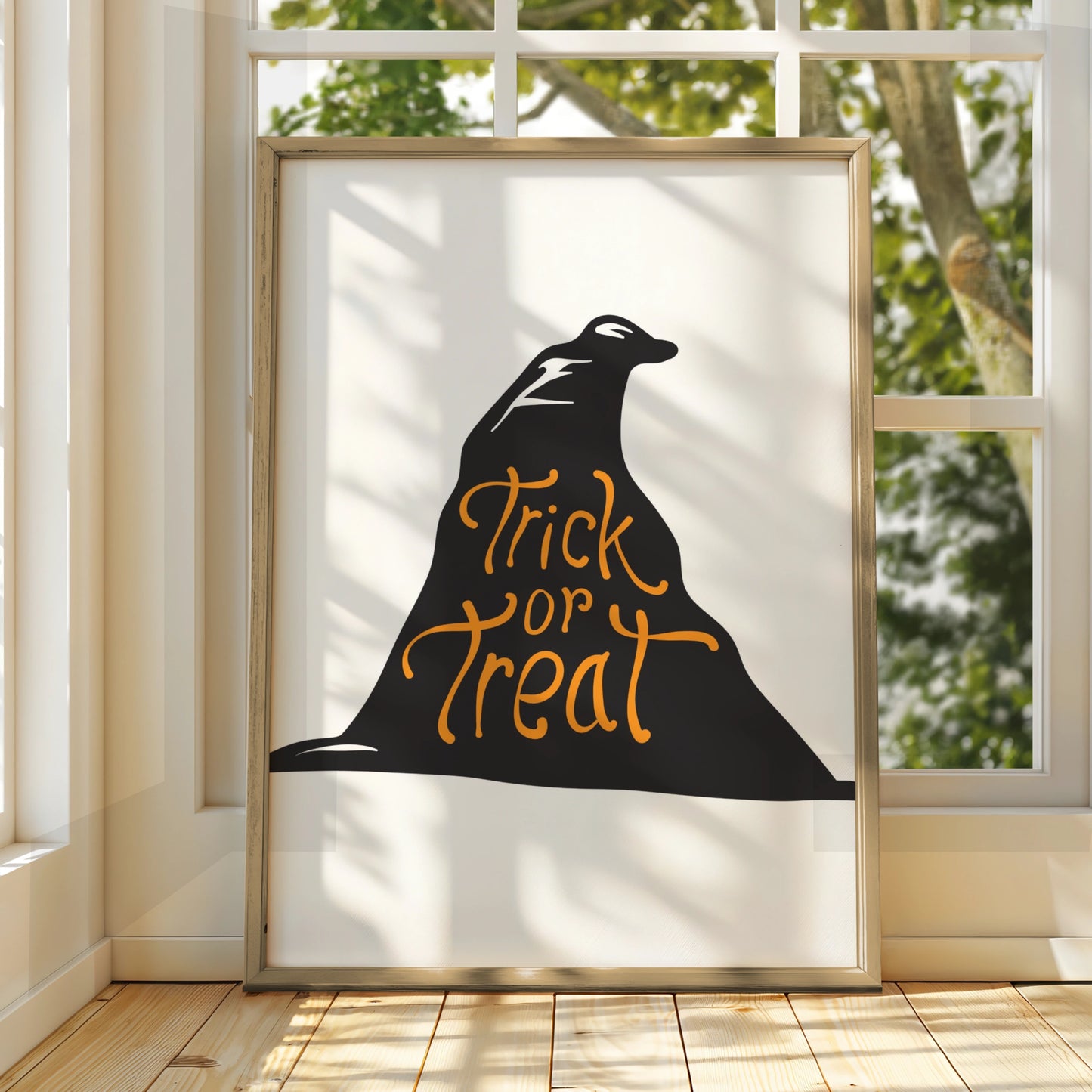 Trick or Treat Halloween Poster, Witch Hat Wall Art, Black Orange Spooky Print