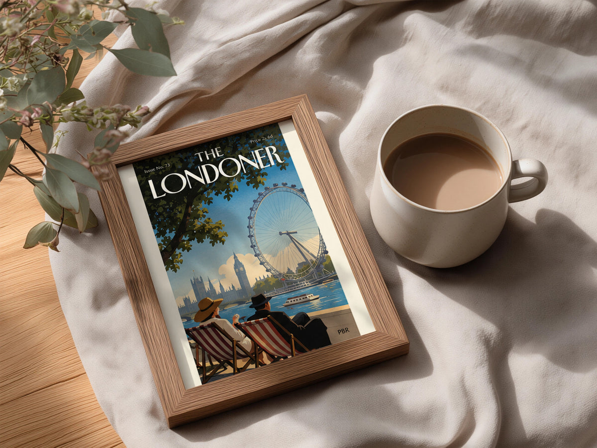 London Eye Poster, Vintage London Wall Art Print, Magazine Cover Style, Thames Riverside Deckchairs