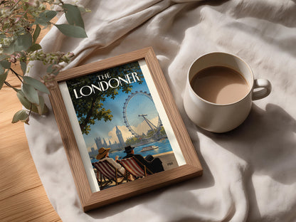 London Eye Poster, Vintage London Wall Art Print, Magazine Cover Style, Thames Riverside Deckchairs