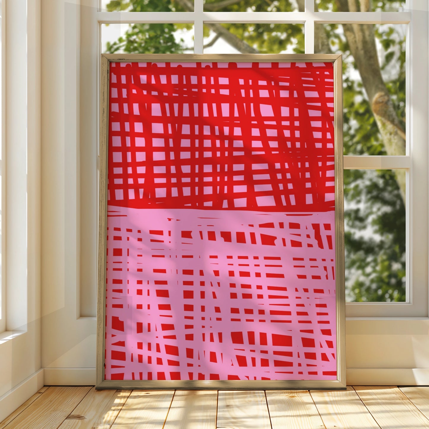 Maximalist Red Pink Grid Pattern Poster, Bold Abstract Wall Art, Modern Graphic Print