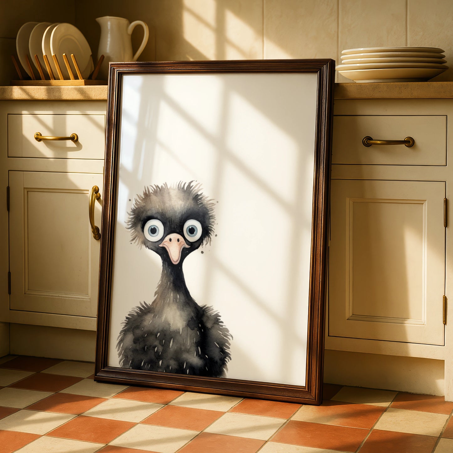 Emu Nursery Wall Art, Cute Watercolour Bird Poster, Kids Room Animal Print
