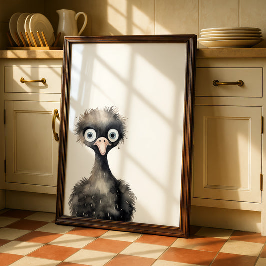 Emu Nursery Wall Art, Cute Watercolour Bird Poster, Kids Room Animal Print