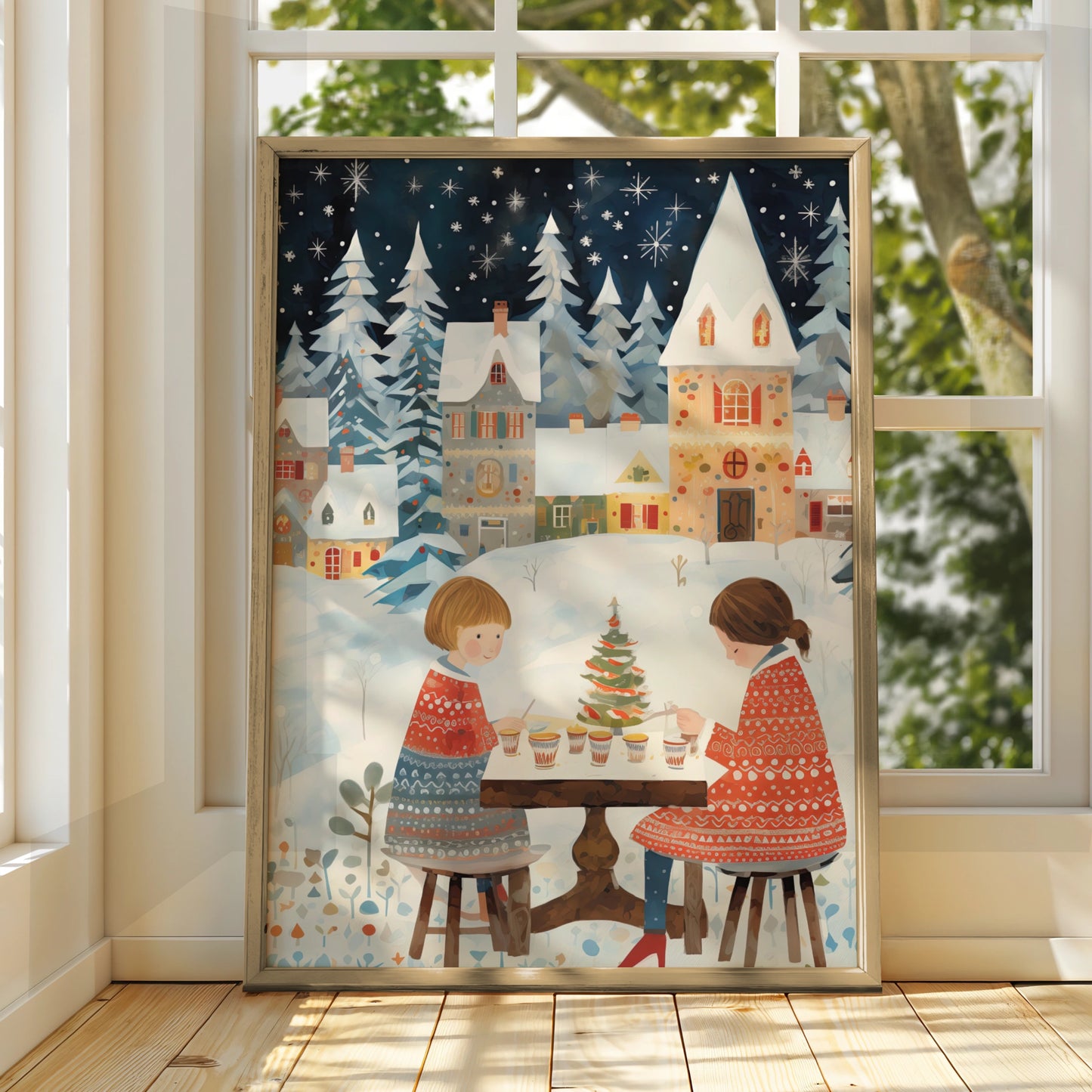 Christmas Village Poster, Festive Winter Scene, Children Holiday Wall Art, Snowy Xmas Print