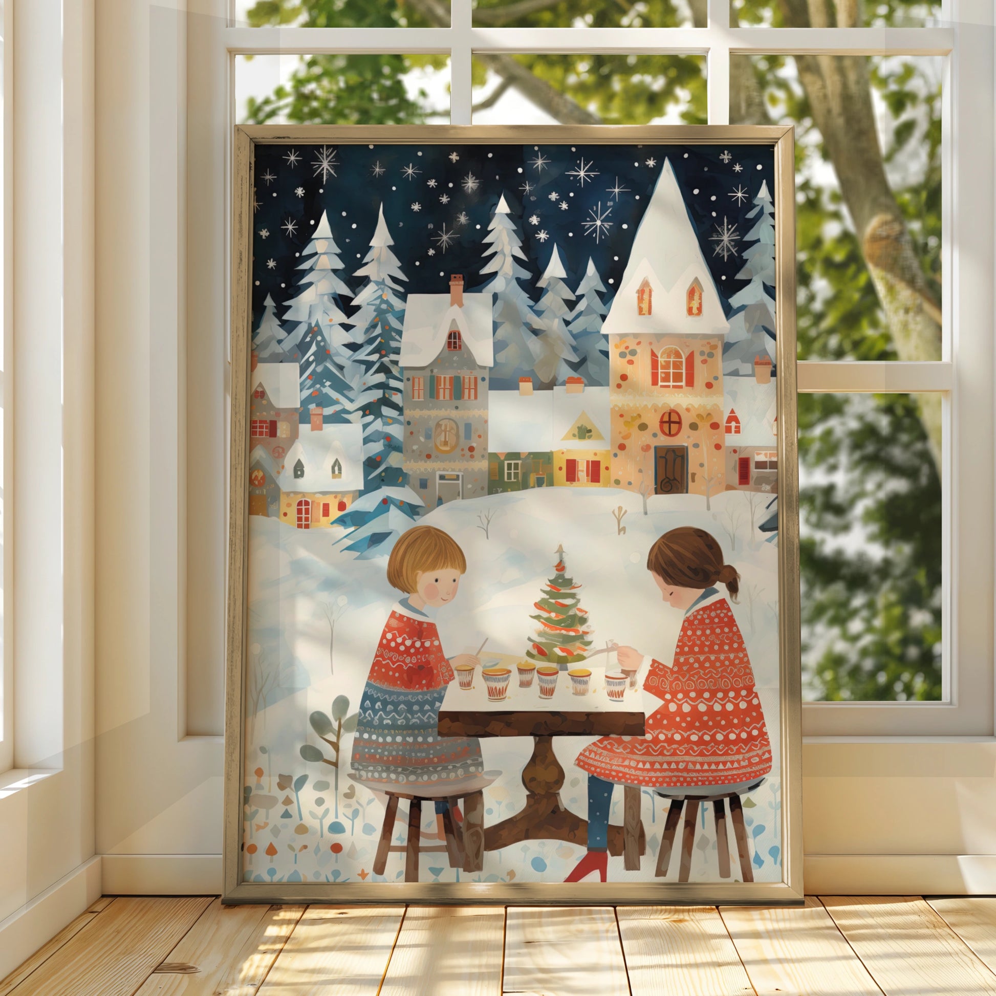 Christmas Village Poster, Festive Winter Scene, Children Holiday Wall Art, Snowy Xmas Print