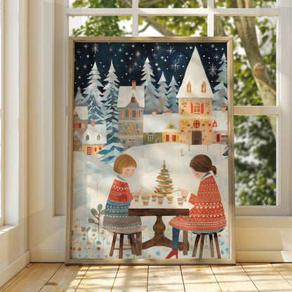 Christmas Village Poster, Festive Winter Scene, Children Holiday Wall Art, Snowy Xmas Print