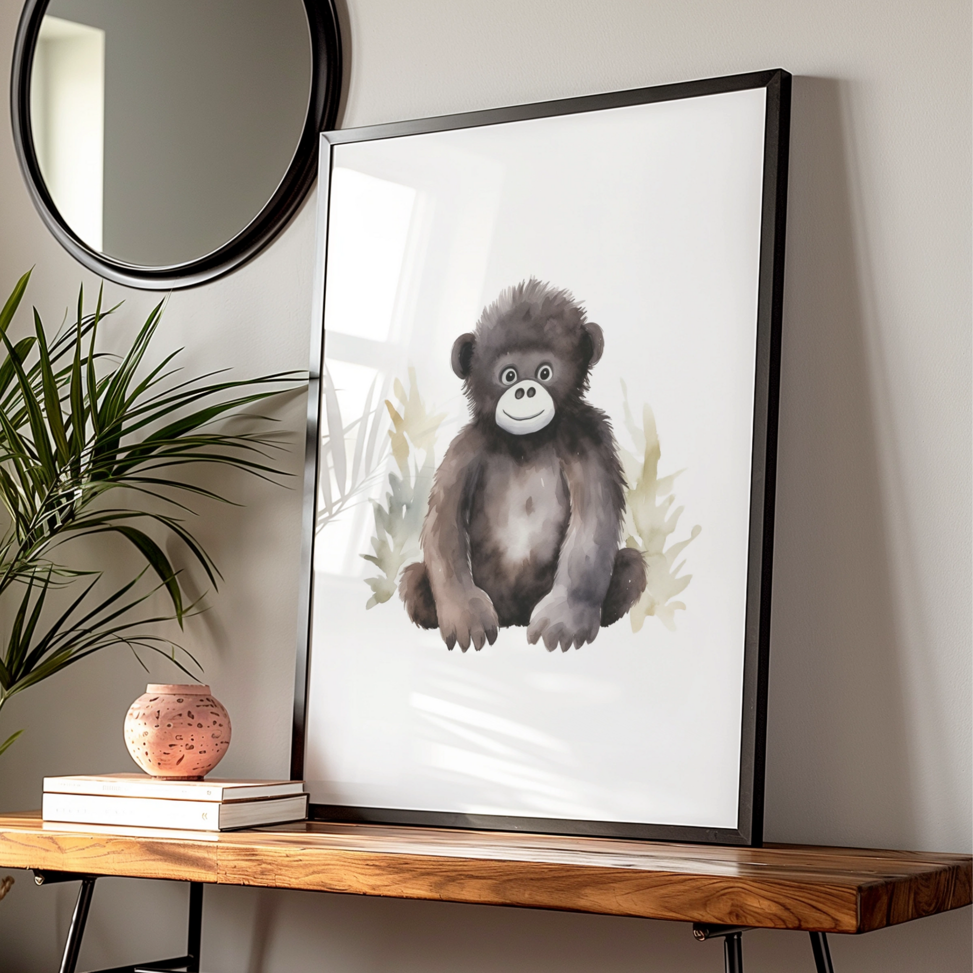 Baby Gorilla Nursery Wall Art, Cute Watercolour Animal Print, Kids Room Poster
