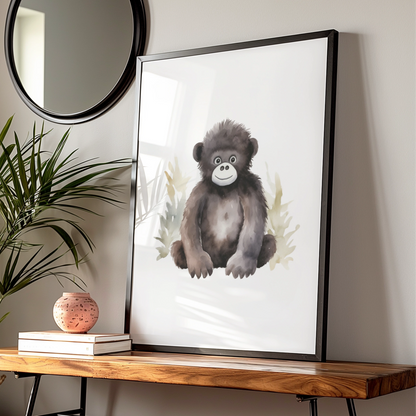 Baby Gorilla Nursery Wall Art, Cute Watercolour Animal Print, Kids Room Poster