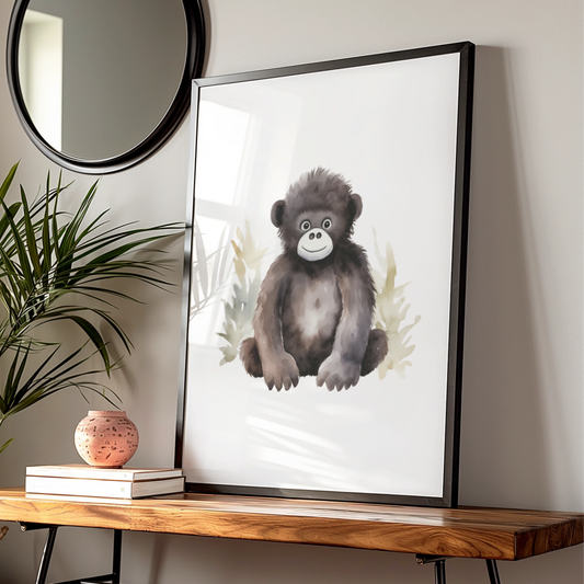 Baby Gorilla Nursery Wall Art, Cute Watercolour Animal Print, Kids Room Poster