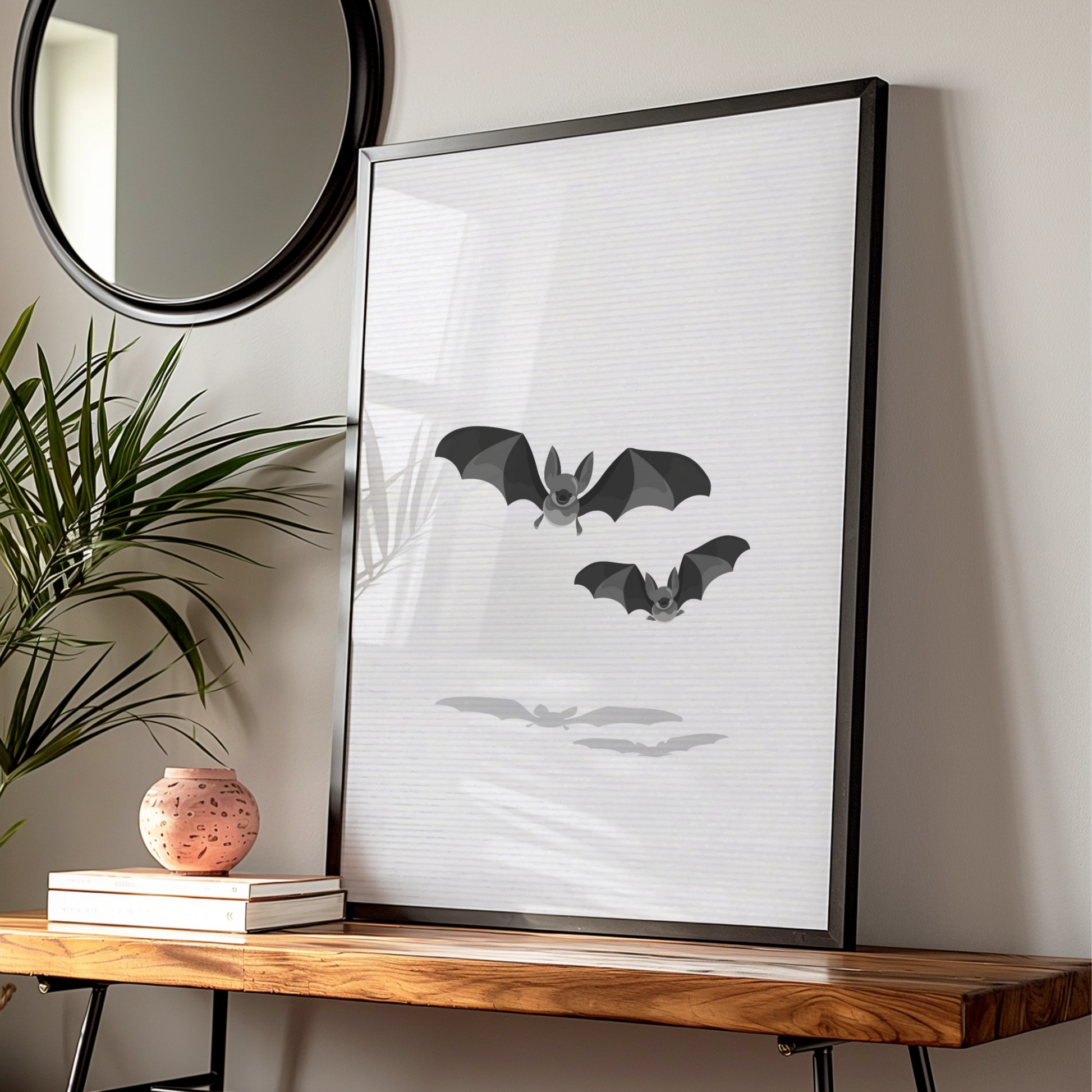 Halloween Bat Wall Art, Spooky Bats Poster, Black Grey Minimalist Halloween Print