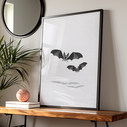 Halloween Bat Wall Art, Spooky Bats Poster, Black Grey Minimalist Halloween Print