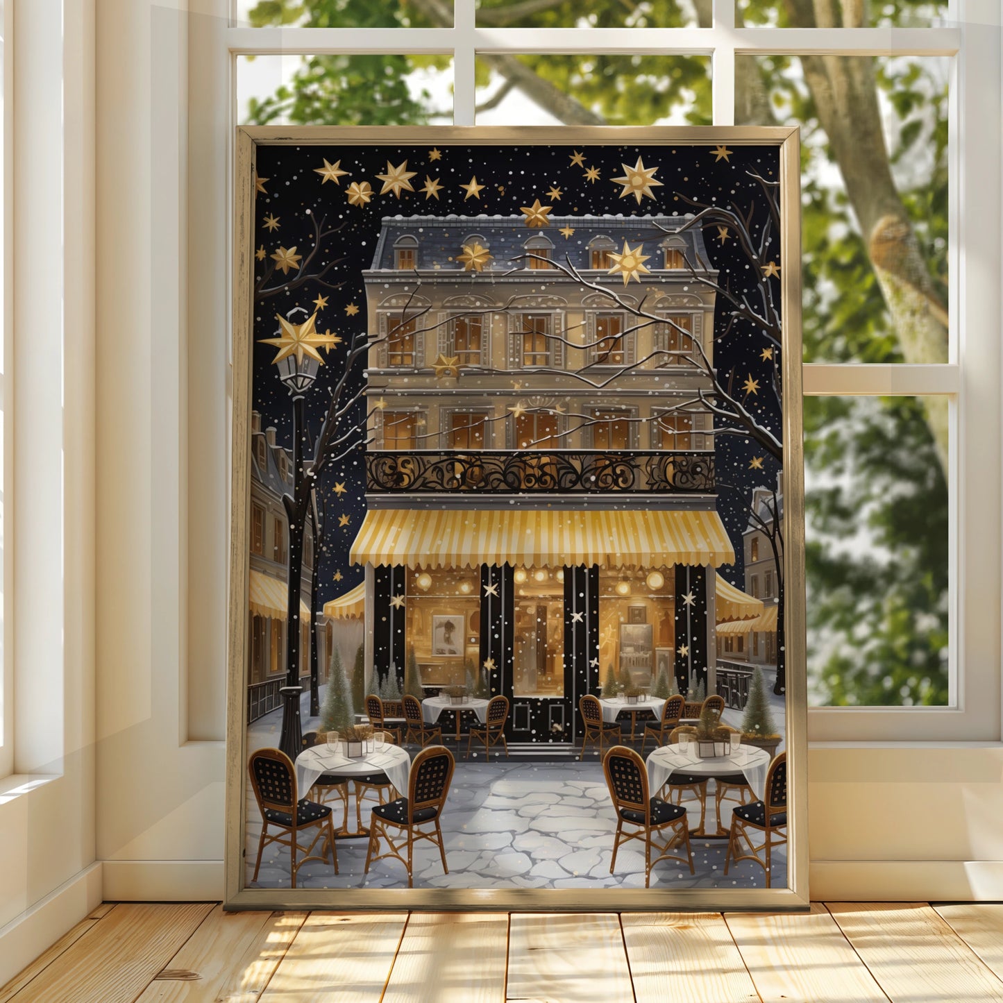 Christmas Paris Cafe Poster, Festive Winter Street Art Print, Gold Stars Snow