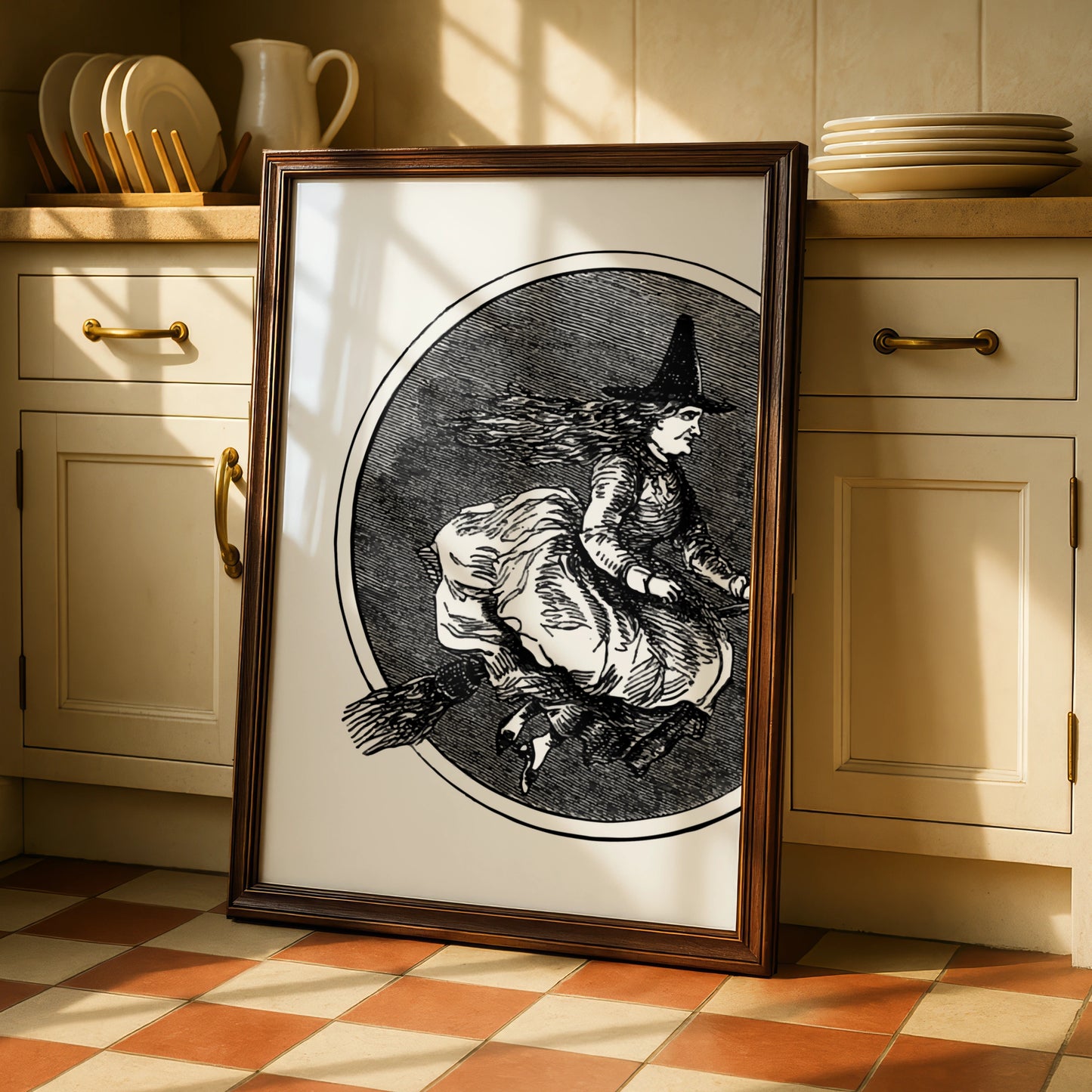 Vintage Witch On Broomstick Halloween Art Print, Gothic Wall Poster, Black White