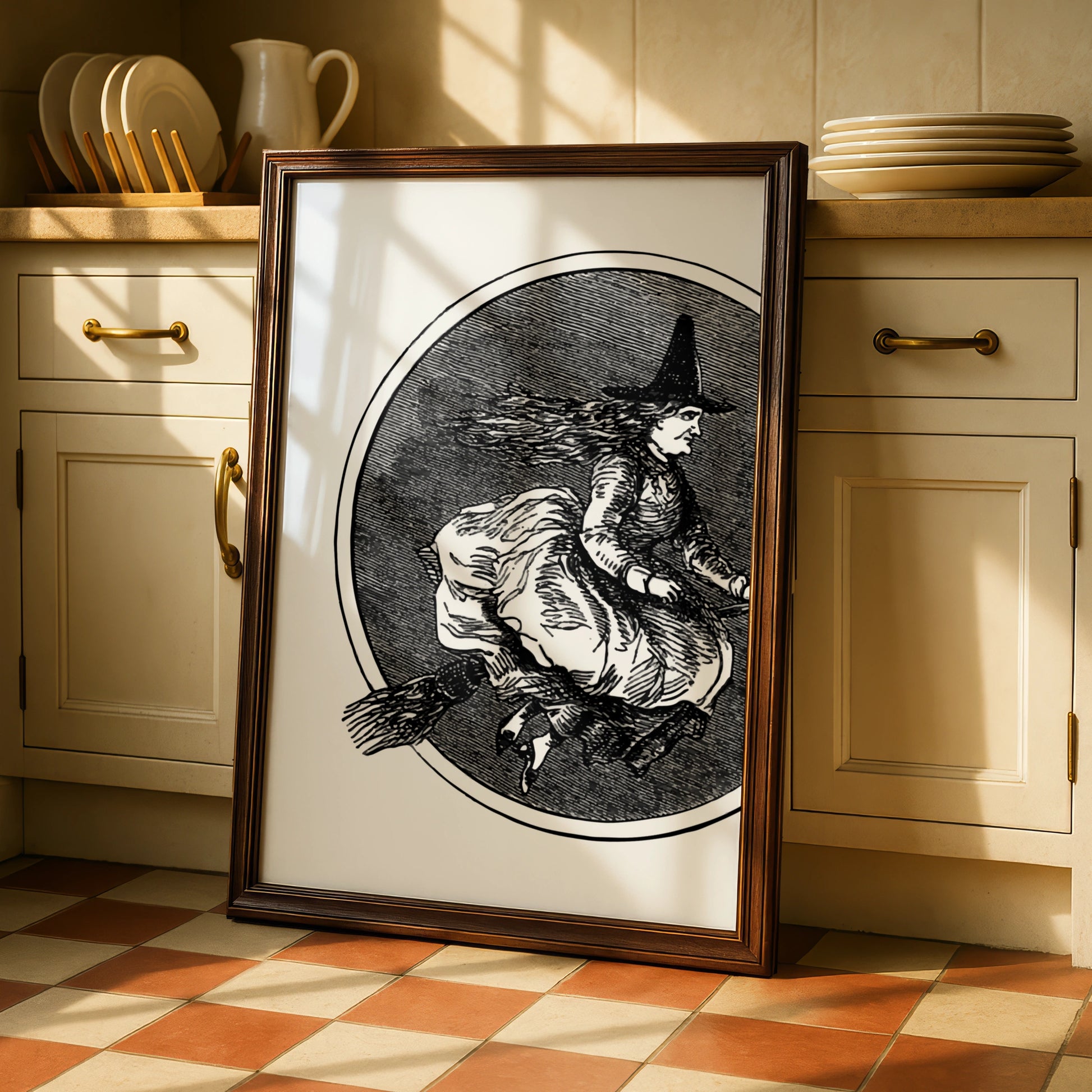 Vintage Witch On Broomstick Halloween Art Print, Gothic Wall Poster, Black White