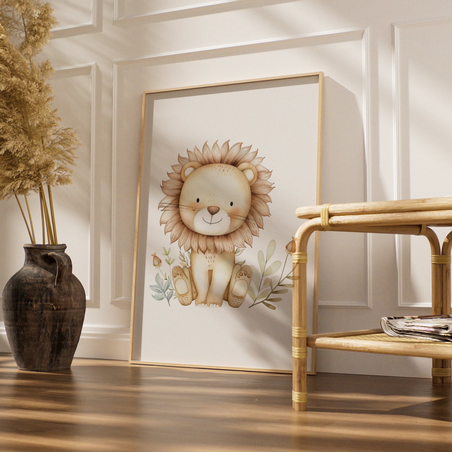Cute Lion Nursery Wall Art, Watercolour Safari Baby Poster, Boho Animal Print for Kids Room