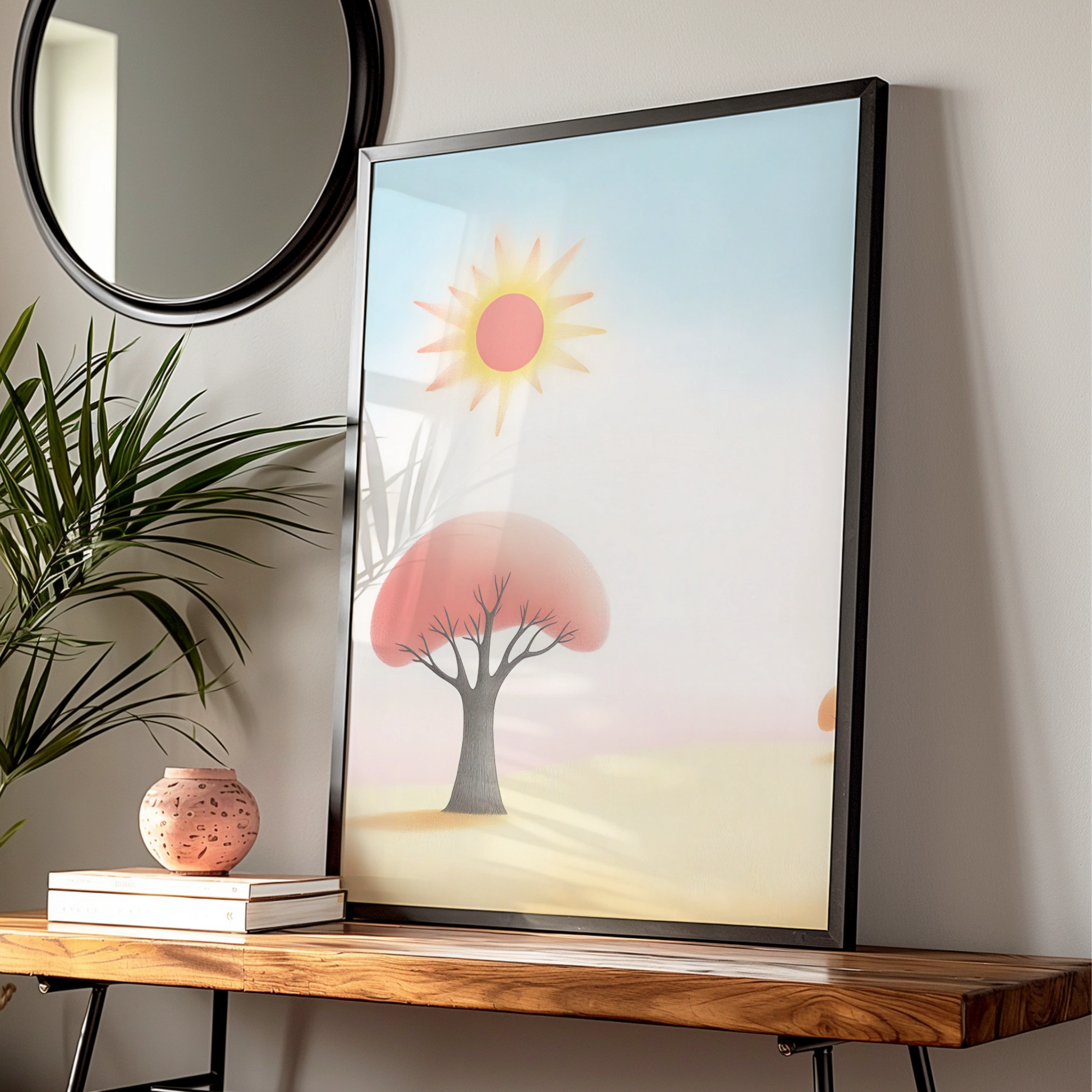 Nursery Wall Art Sun and Tree Print, Pastel Kids Room Poster, Soft Boho Baby Decor